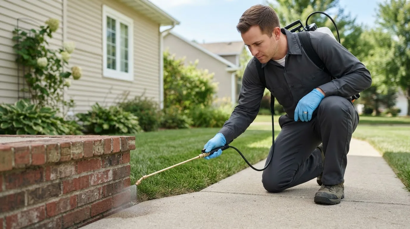 Pest control technician treating a home near Starford, PA